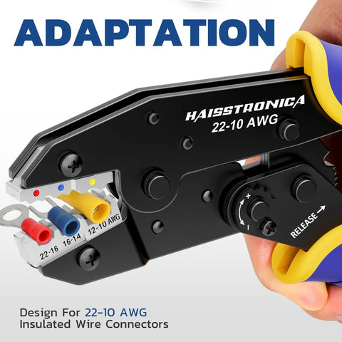 Ratcheting Crimping Tool For Insulated Wire Connectors, Works On AWG 22 Through 10, Pro Grade Jaws with color-coded handles