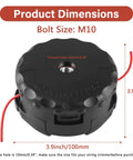 Three Pack Universal String Trimmer Head Fits Echo Speed Feed 400 And More Weed Eater Three And Three Quarter Inch Diameter M10 By 1.25 Bolt For SRM230 SRM225 SRM210 PAS210 PAS230 PAS260 Shindaiwa T195S T220 T222 T230 T231 Straight Shaft black trimmer head shown in close-up with dimensions