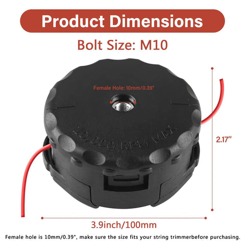 Three Pack Universal String Trimmer Head Fits Echo Speed Feed 400 And More Weed Eater Three And Three Quarter Inch Diameter M10 By 1.25 Bolt For SRM230 SRM225 SRM210 PAS210 PAS230 PAS260 Shindaiwa T195S T220 T222 T230 T231 Straight Shaft black trimmer head shown in close-up with dimensions