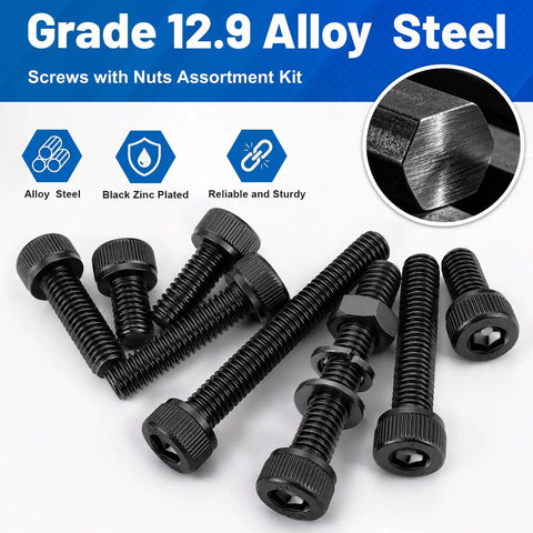 Top Shelf 190PC M6 Hex Socket Head Cap Screw And Nut Assortment Kit With Washers featuring durable 12.9 alloy steel bolts.