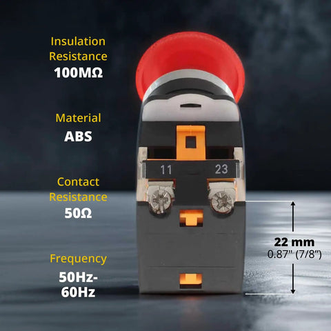 Front view of 22mm Control Station Box Set component, highlighting insulation and contact resistance, material ABS, showing dimensions.