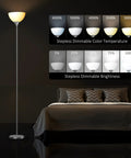 Torchiere Floor Lamp With Remote Control And 4 Color Temperatures in a bedroom, showing dimmable color temperature and brightness settings.