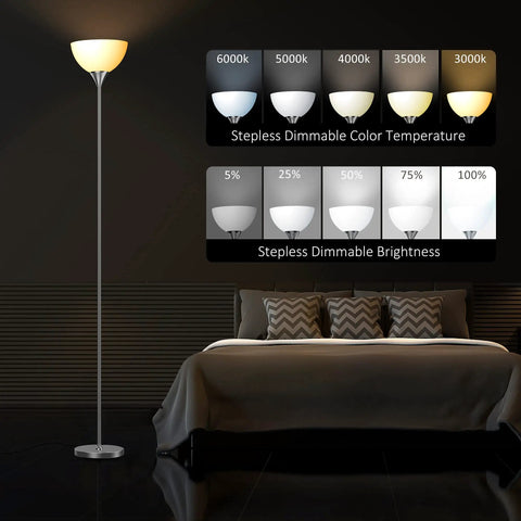 Torchiere Floor Lamp With Remote Control And 4 Color Temperatures in a bedroom, showing dimmable color temperature and brightness settings.