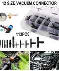 113 Piece Hose Connector Kit With Reducers, Straight Fittings And T Connectors - Plastic Plumbing Set, parts displayed in container