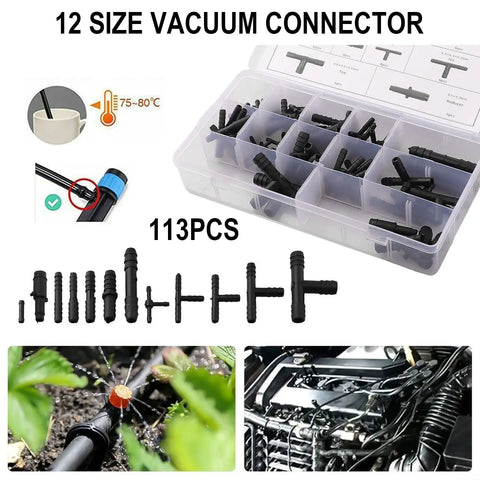 113 Piece Hose Connector Kit With Reducers, Straight Fittings And T Connectors - Plastic Plumbing Set, parts displayed in container