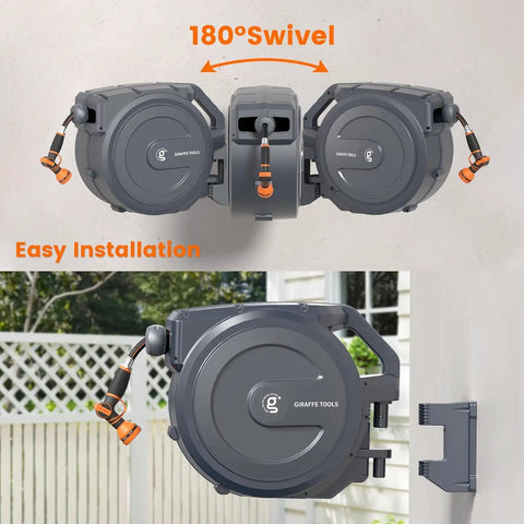 Retractable Garden Hose Reel With Auto Rewind Wall Mount 100 Feet Hose Plus 5 Foot Lead Any Length Lock Hybrid Hose For Easy Watering No Tangles No Fuss Rewind And Smooth Storage, 180° swivel wall mount