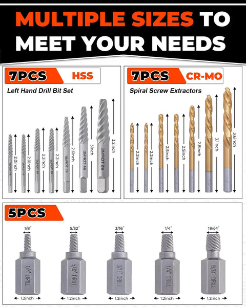 Amazon 19-piece screw extractor and left-hand drill bit set; HSS left-hand bits and CR-MO extractors for stripped screws
