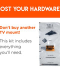 Lag bolt TV mount kit in clear bag with screws, washers, anchors and drill bits.