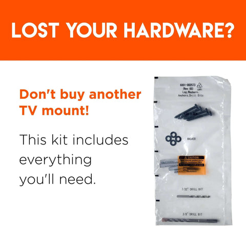 Lag bolt TV mount kit in clear bag with screws, washers, anchors and drill bits.