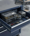 Open drawer showing stackable storage bin with lid for small hardware like screws nuts bolts and fasteners compact plastic organizer