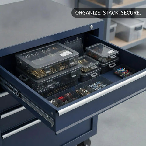 Open drawer showing stackable storage bin with lid for small hardware like screws nuts bolts and fasteners compact plastic organizer