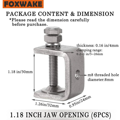 Front view of Foxwake mini stainless steel C-clamp for mounting; 1.18 in jaw opening, 6-piece desk clamp set