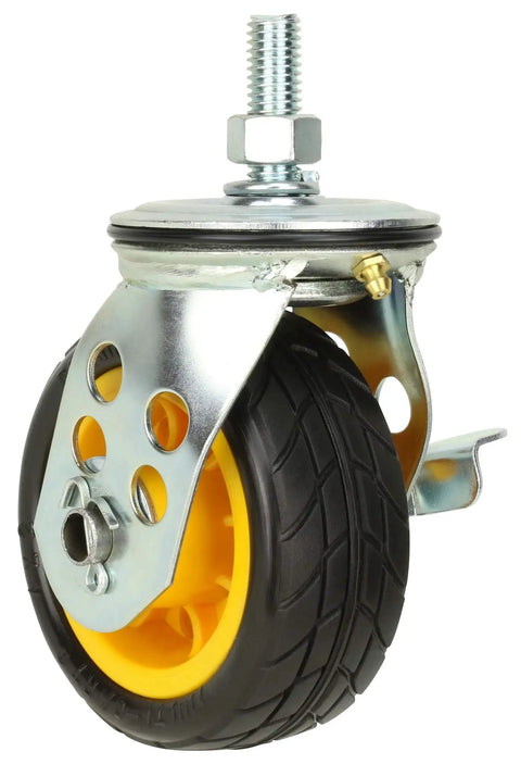 Hardcore Durable 4 X 2 Inch Wide Caster Wheels With Parking Brake 2 Pack designed with a yellow rubber tire and metal mount.