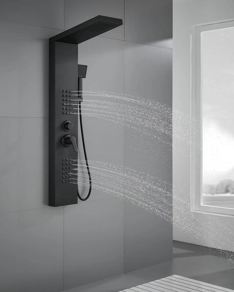Slick Matte Black 4 In 1 Shower Panel Tower Featuring Killer Massage Jets Rainfall Head And Handheld Wand For A Game Changing Modern Bathroom Upgrade Setup