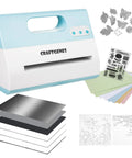Electric Die Cutting Machine A4 With 9 Inch Automatic Embossing Starter Kit 110V 200W shown with cutting dies and paper