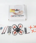 Nano Hawk FPV 65mm Tiny Indoor Outdoor Micro Whoop Drone with ultra light frame and accessories laid out on a table.