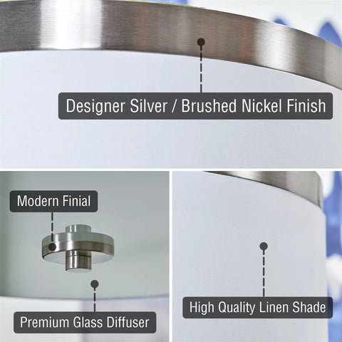 Close-up details of Walker 20 Inch Dope Mid Century Modern 3 Light Flush Mount Ceiling Light showing finial, diffuser, and linen shade.