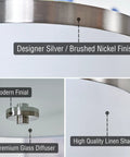 Close-up of Mid Century Modern 3 Light Flush Mount Ceiling Light detailing brushed nickel finish, linen shade, and glass diffuser.