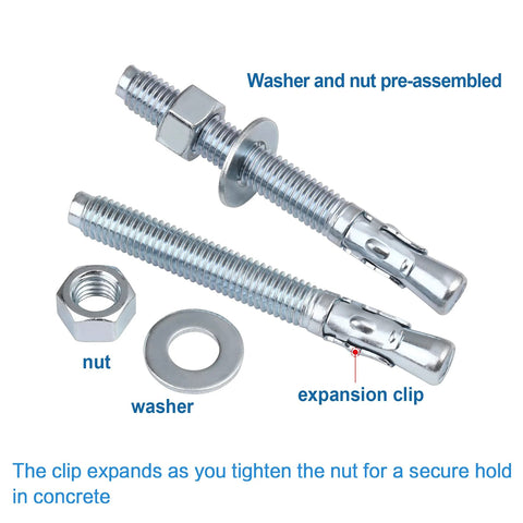Wedge Anchor For Concrete One Quarter Inch Diameter By Two And One Quarter Inch Length Zinc Plated Heavy Duty Carbon Steel Fasteners, 20 Pieces displayed with washer and nut.