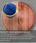 Round wooden board with tin of No Mineral Oil Cutting Board Oil And Wax For Wooden Surfaces, Food Grade Conditioner.