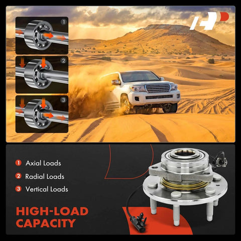 Front Wheel Bearing Hub Assembly For 4WD Chevy Silverado 1500 Tahoe Suburban Avalanche GMC Sierra 1500 Yukon XL 1500 Cadillac Escalade ESV EXT With Six Lug And ABS showcasing high-load capacity and load types, set against a desert driving scene.