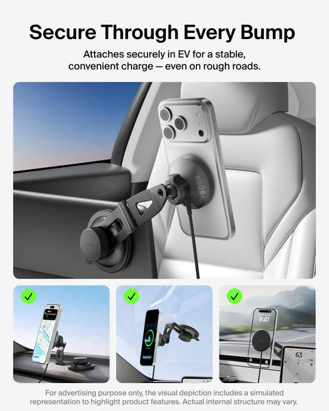 Qi2 15W Magnetic Wireless Car Charger For Tesla Dash Mount securely holding a smartphone in a vehicle with a clean design.