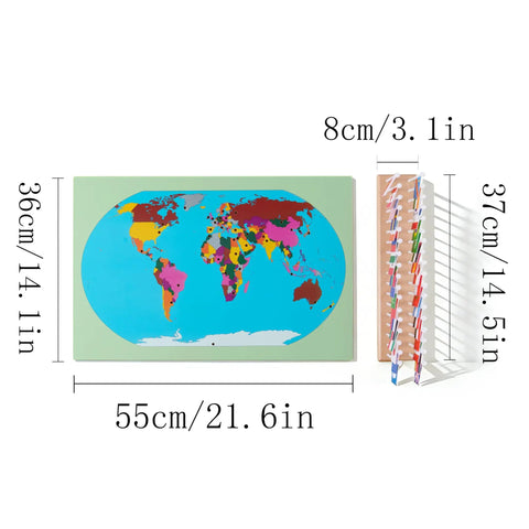 Montessori World Flags Set With 22 Inch Wooden Map And 36 Country Flags, showing map dimensions of 55cm x 36cm on solid beechwood.