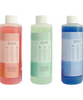 Red, green, and blue bottles of pH Calibration Buffer Kit With 4.00 7.00 And 10.01 Buffers Each 8 Oz And 4 Oz 3M KCl Soaking Storage Solution