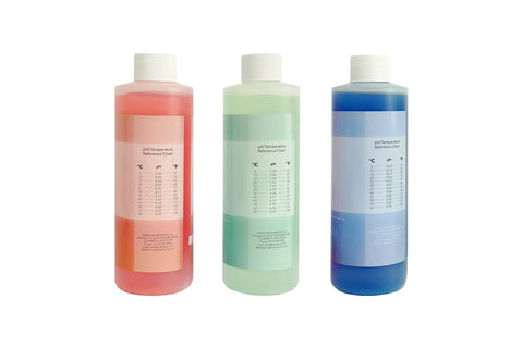 Red, green, and blue bottles of pH Calibration Buffer Kit With 4.00 7.00 And 10.01 Buffers Each 8 Oz And 4 Oz 3M KCl Soaking Storage Solution