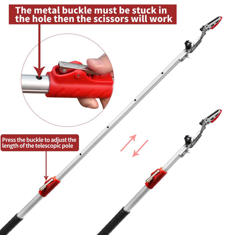 Extendable Pruner With Rotating Blade Head For The Yard, Lightweight Aluminum Pole Reaches 3.67 To 5.45 Feet showing red buckle