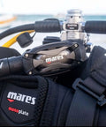 Close-up of Ultra Portable 62X Scuba Regulator Set with First and Second Stage INT for easy breathing, featuring chrome finish.
