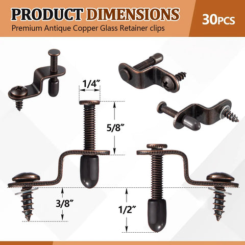 Top Shelf Adjustable Glass Retainer Clips For Cabinet Doors Bronze 30 Pack Value Bundle For Kitchen Upgrades And Display Cases heavy-duty dimensions