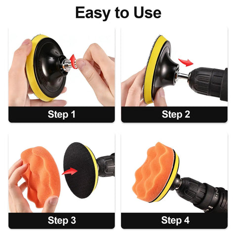 Steps to use All In One Pro Grade 33 Piece 4 Inch Car Polishing Pad Kit with drill adapter attachment process