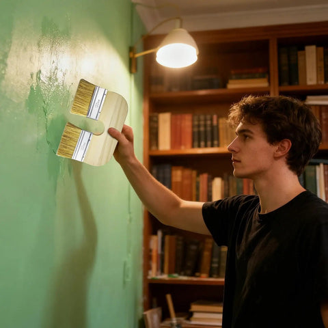 Man using Dope U Shape Deck Stain Brush With Double Bristles For Smooth Color Coating on green interior wall