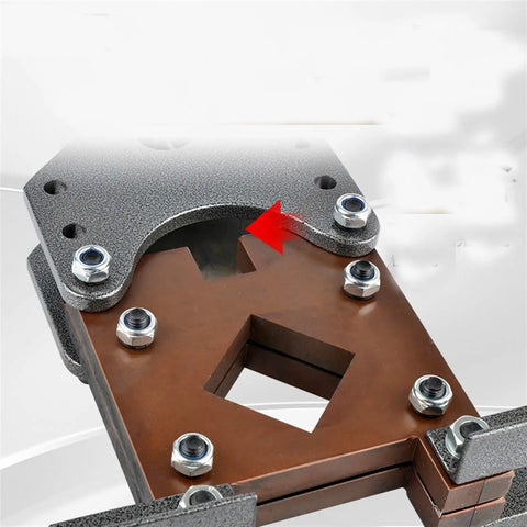 Heavy Duty Hydraulic Square Pipe Cutter For 50mm Steel Tubing close-up of cutting head with square opening and bolts.
