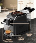 Real Deal Fully Automatic Espresso Machine With Smart Touch Panel Built In Grinder One Touch Milk Frother 1.5L Tank displaying touch controls and coffee bean container.