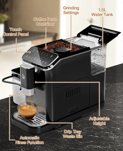 Real Deal Fully Automatic Espresso Machine With Smart Touch Panel Built In Grinder One Touch Milk Frother 1.5L Tank displaying touch controls and coffee bean container.