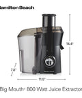 Front view of Hamilton Beach Big Mouth 800W juice extractor in black with clear pulp container and wide 3-inch feed chute
