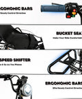 Powerful 2000W Electric Go Kart ergonomic bars, bucket seat, 3-speed shifter, and front LED light design details