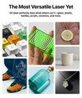 Collage of objects engraved with UV laser showing keyboard keys, a plastic bottle, shoes, a coin, a ceramic mug, and a glass bottle.