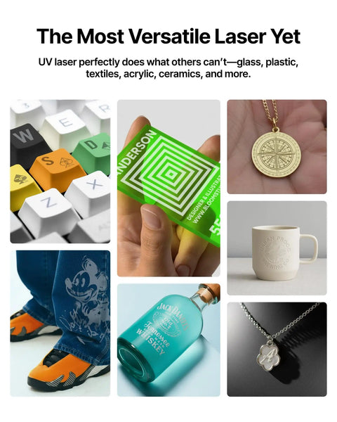 Collage of objects engraved with UV laser showing keyboard keys, a plastic bottle, shoes, a coin, a ceramic mug, and a glass bottle.