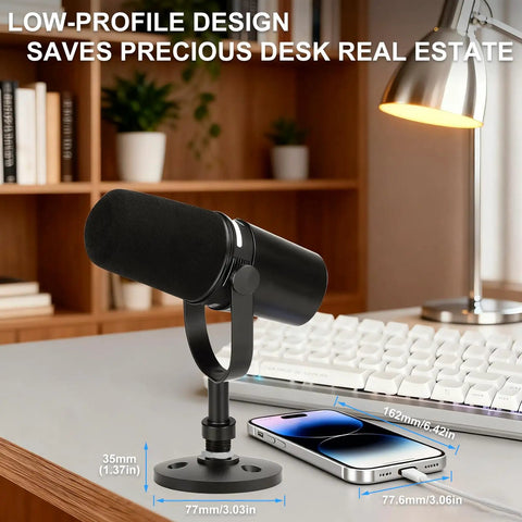Real Deal Desktop Microphone Stand Crafted For Shure Mv7 Series Models with low-profile design on a desk next to a keyboard.