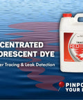 Front view of a white one-gallon plastic bottle of red tracer dye for water tracing and leak detection.