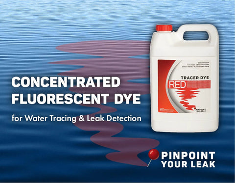 Front view of a white one-gallon plastic bottle of red tracer dye for water tracing and leak detection.