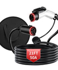 Hella Reliable 21 Foot J1772 EV Extension Cord 50 Amp Level 2 Electric Vehicle Charging Cable with connectors and storage bag.