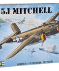 Box art of Brown B25J Mitchell One To Forty Eight Scale Warbird Model Kit With 147 Parts, Skill Level Four, showing aerial scene.