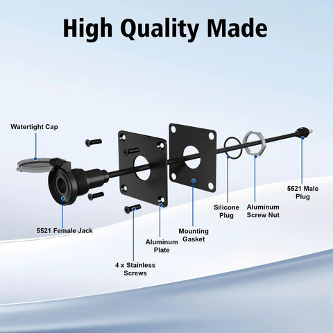 IP67 Waterproof Pass Through Power Port Mount for RVs and Marine with 5.5x2.1mm DC Connector exploded view components