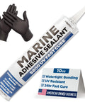 Marine Adhesive Sealant 5200 Fast Cure 10 Oz cartridge, black gloves, product features sign