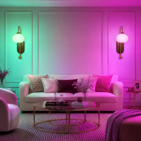 BOKT Battery Operated Light Wall Sconce 2 Pack Wireless Vintage Wall Light illuminating a stylish living room with colorful lights.
