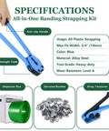 High Grade Pallet Strapping Kit That Slaps Includes 5 8 Inch 1000 Ft PET Strap Roll Steel Seals Manual Sealer And Ratchet Tensioner, blue alloy steel tools and anti-slip handle.